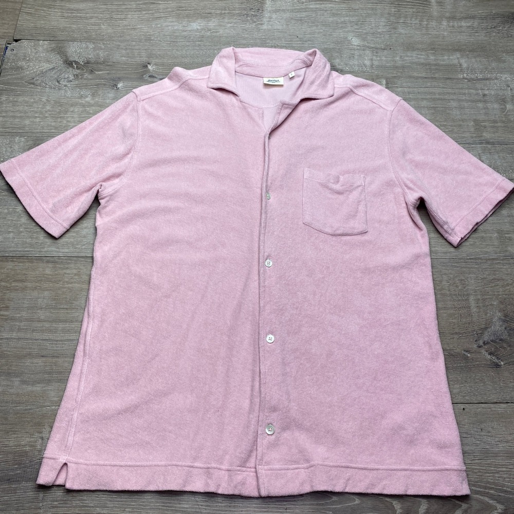 Hartford Shirt Mens Large Pink Terry Cloth Short Sleeve Camp Collar Button Down